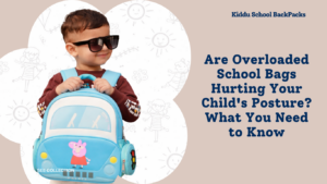 Cute toddler wearing sunglasses holding a blue kids backpack, promoting lightweight Kiddu school bags for kindergartners